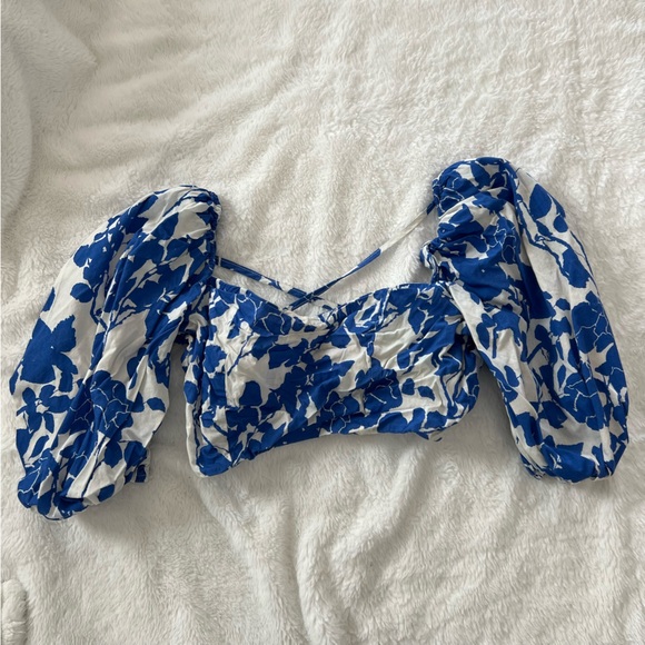 Sweetheart Neck 3/4 Puff Sleeve Criss Cross Tie Back Blouse Crop Top Size S - Picture 9 of 12